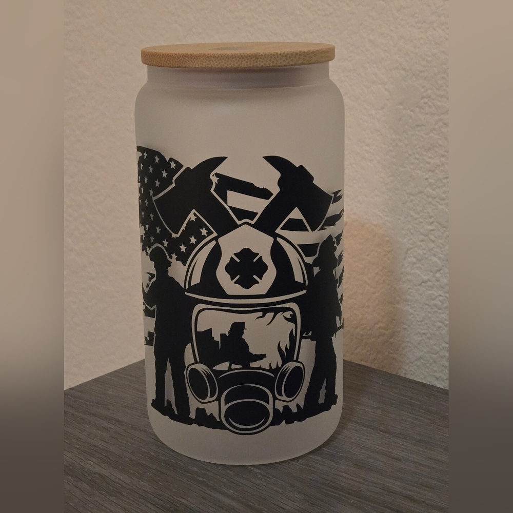 Frosted Firefighter Glass Jar Black Design